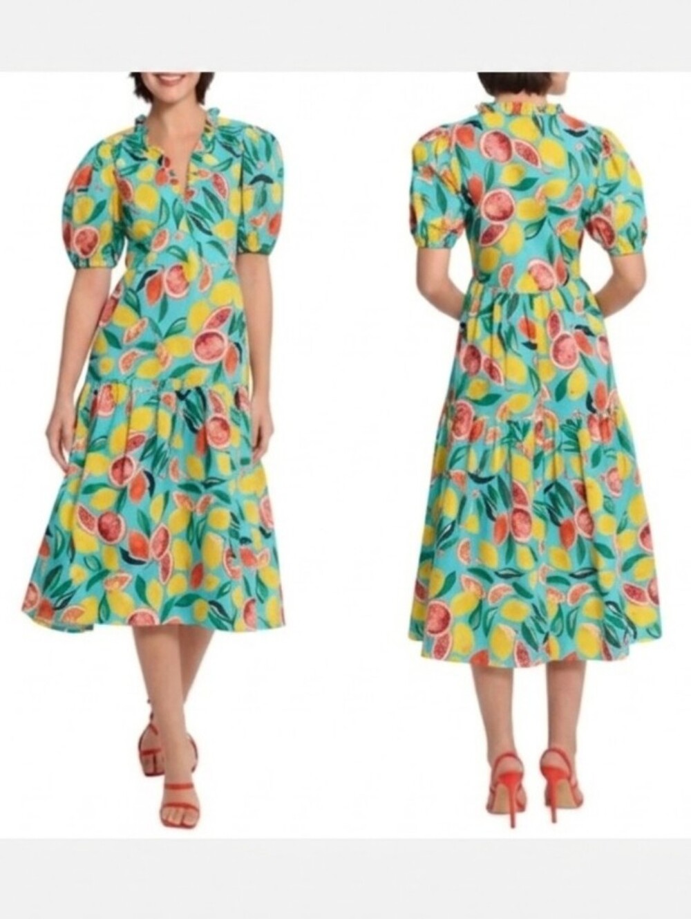 DONNA MORGAN lemon/oranges summer dress, size 2, v-neck, tiered